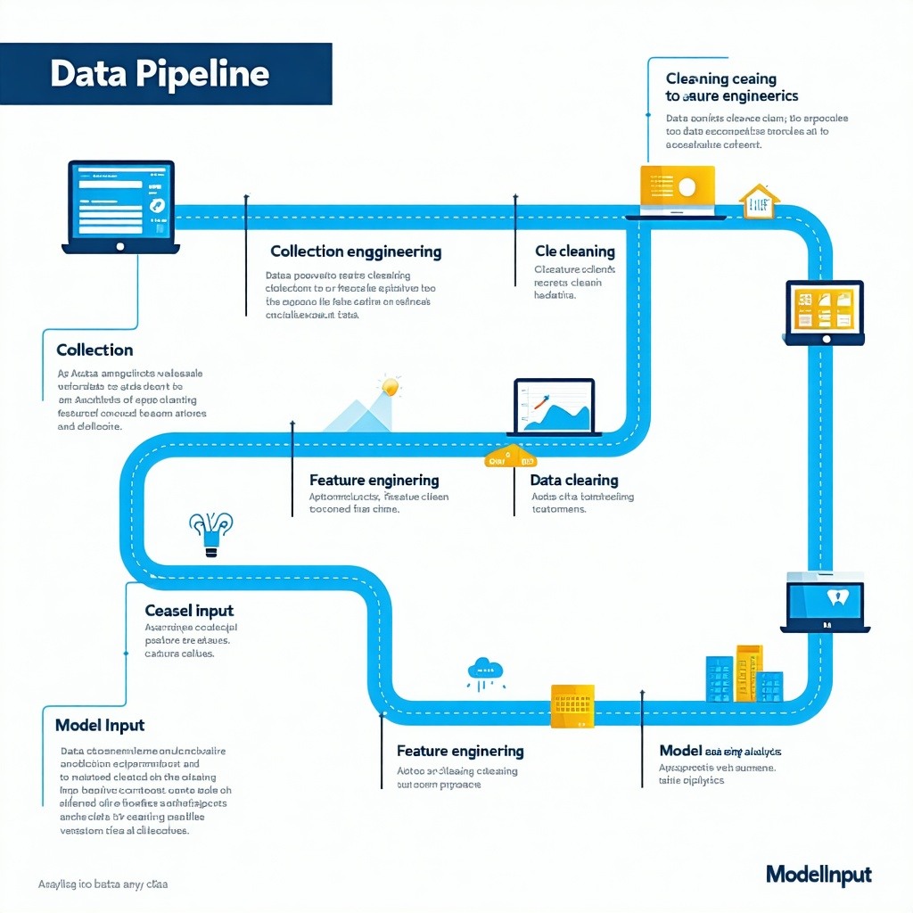 Infographic showing a data pipeline with steps for collection, cleaning, feature engineering, and model input.