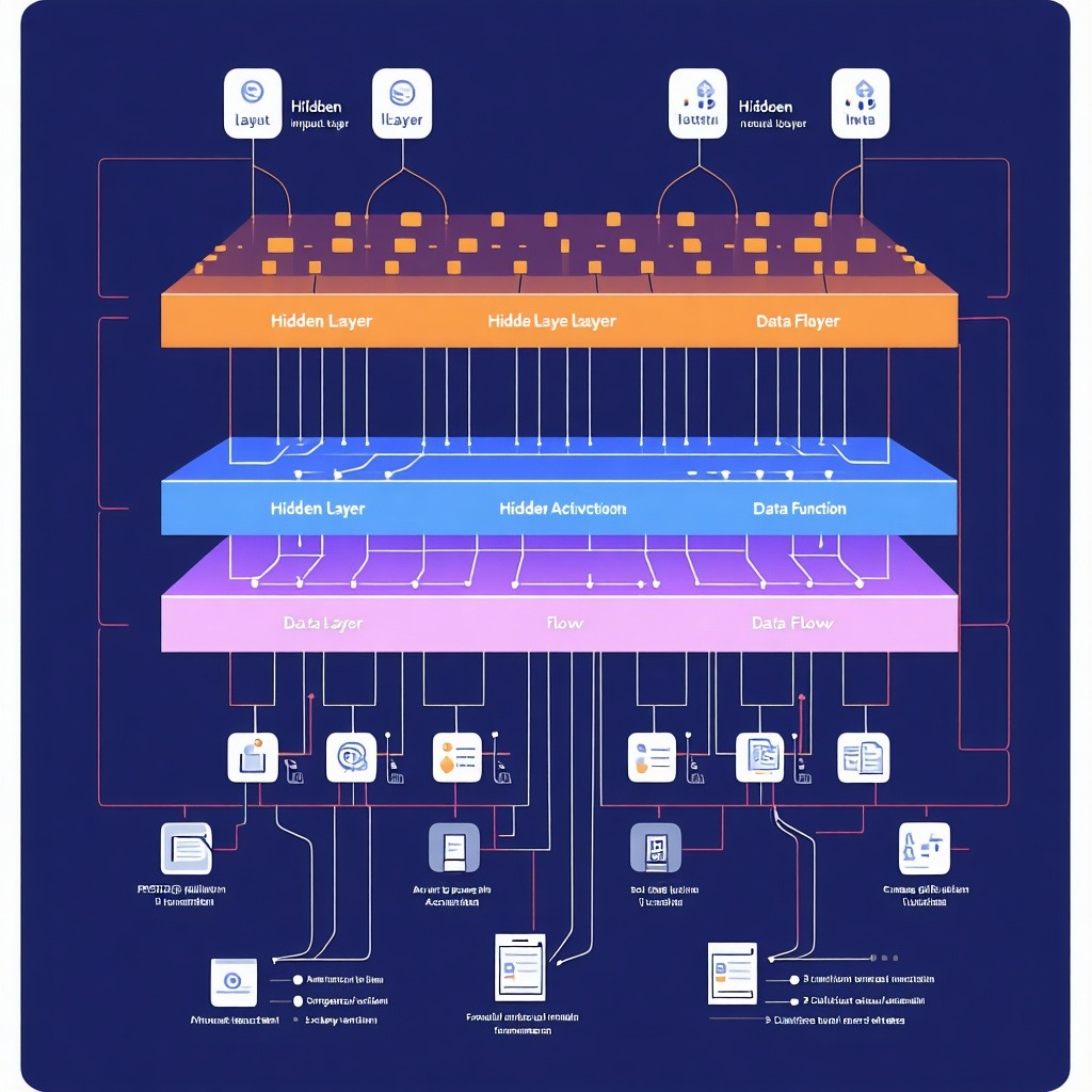 Infographic of a deep neural network showing input, multiple hidden layers, and output with arrows indicating data flow.