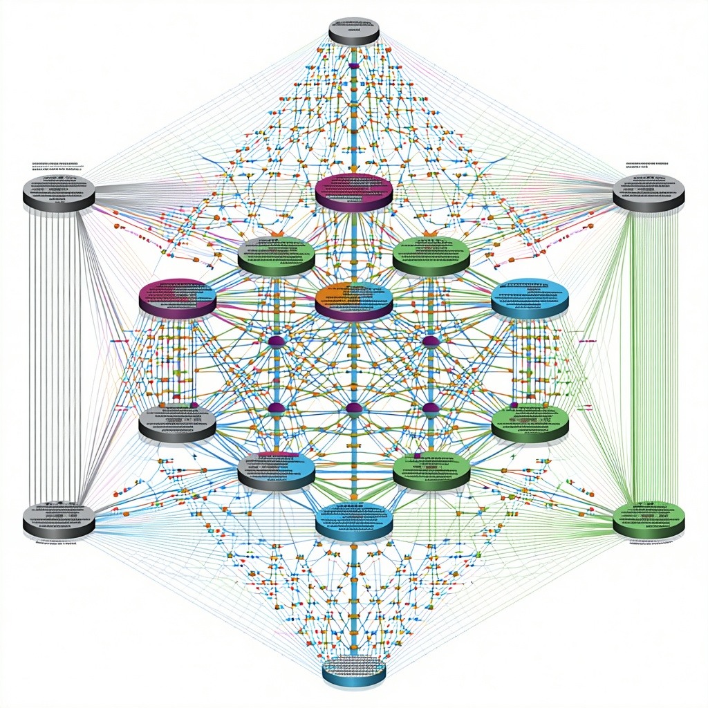Detailed diagram of a multi-layer neural network showing input, hidden, and output layers with interconnected nodes.